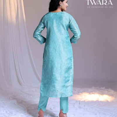 Twara Blue readymade suit, embroidered 3/4th-sleeve straight-cut tissue top, plain pants & floral printed dupatta