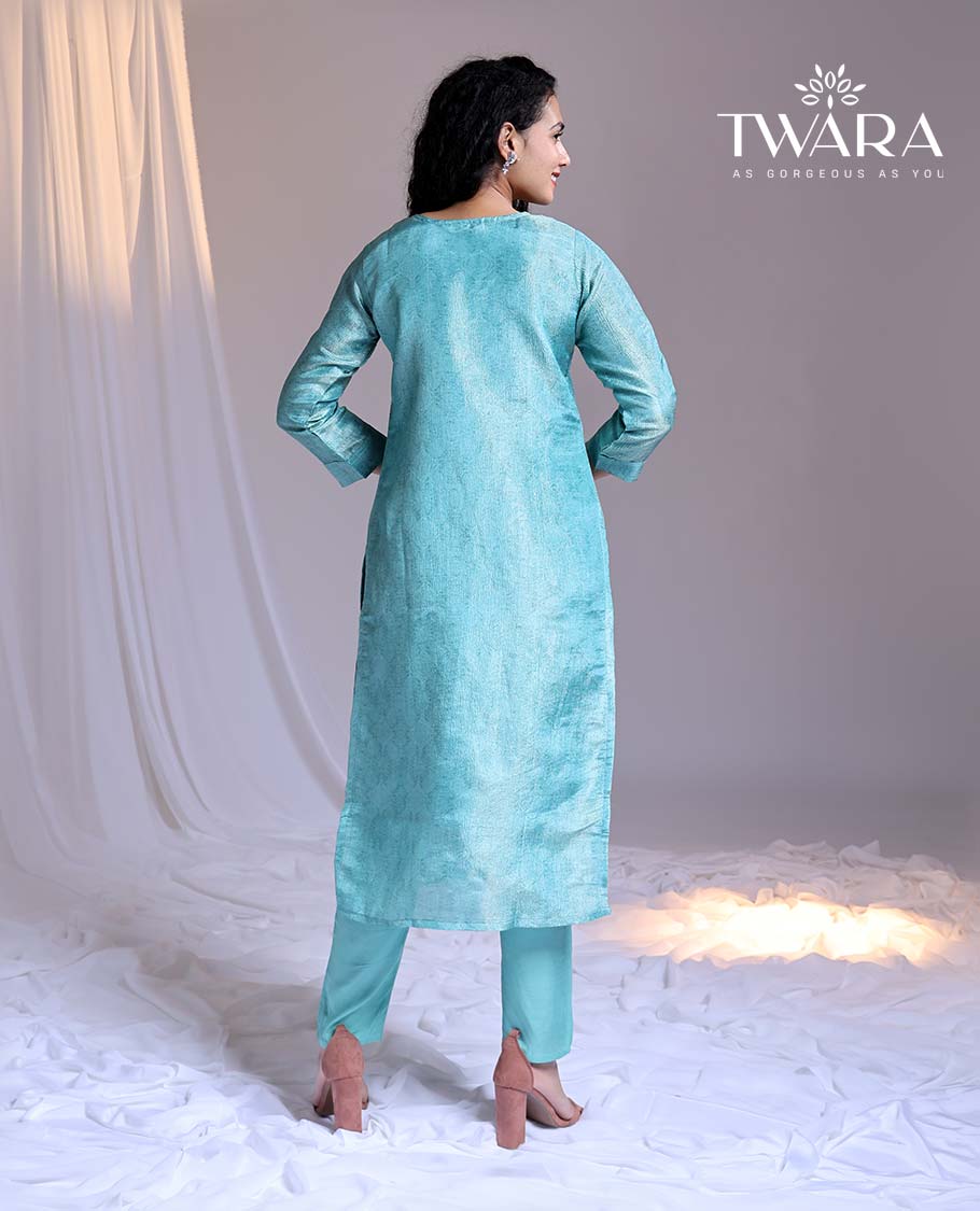 Twara Blue readymade suit, embroidered 3/4th-sleeve straight-cut tissue top, plain pants & floral printed dupatta