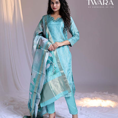 Twara Blue readymade suit, embroidered 3/4th-sleeve straight-cut tissue top, plain pants & floral printed dupatta
