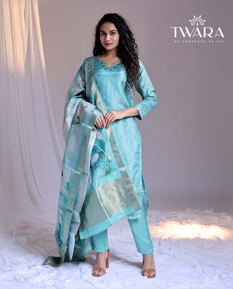 Twara Blue readymade suit, embroidered 3/4th-sleeve straight-cut tissue top, plain pants & floral printed dupatta