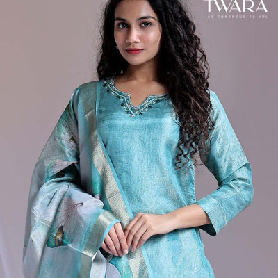 Twara Blue readymade suit, embroidered 3/4th-sleeve straight-cut tissue top, plain pants & floral printed dupatta