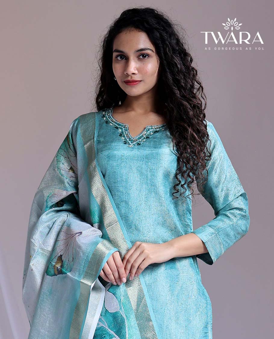 Twara Blue readymade suit, embroidered 3/4th-sleeve straight-cut tissue top, plain pants & floral printed dupatta