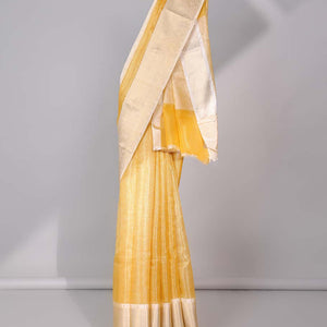 Yellow checked semi-banaras tissue saree, contrast traditional zari design border & intricate pallu
