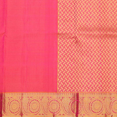 Pink zari designs pure-silk half saree, contrast zari design blouse, traditional zari design border & intricate dhavani