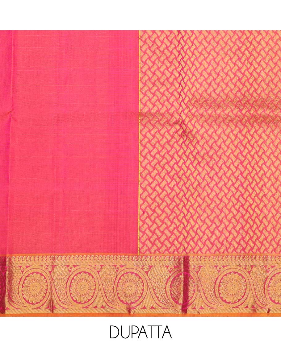 Pink zari designs pure-silk half saree, contrast zari design blouse, traditional zari design border & intricate dhavani