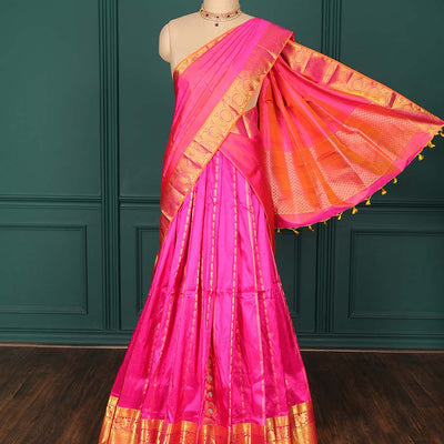 Pink zari designs pure-silk half saree, contrast zari design blouse, traditional zari design border & intricate dhavani