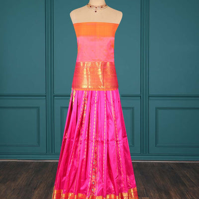 Pink zari designs pure-silk half saree, contrast zari design blouse, traditional zari design border & intricate dhavani