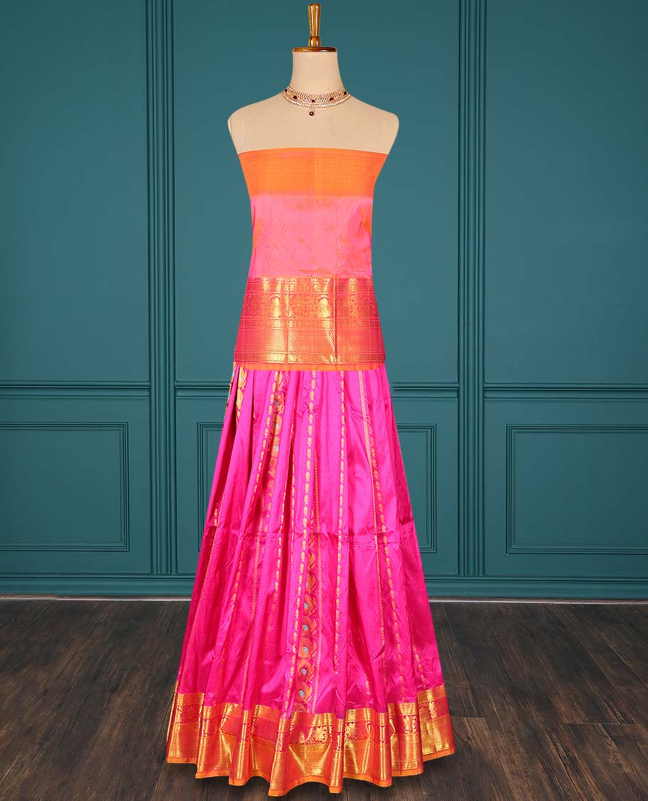 Pink zari designs pure-silk half saree, contrast zari design blouse, traditional zari design border & intricate dhavani