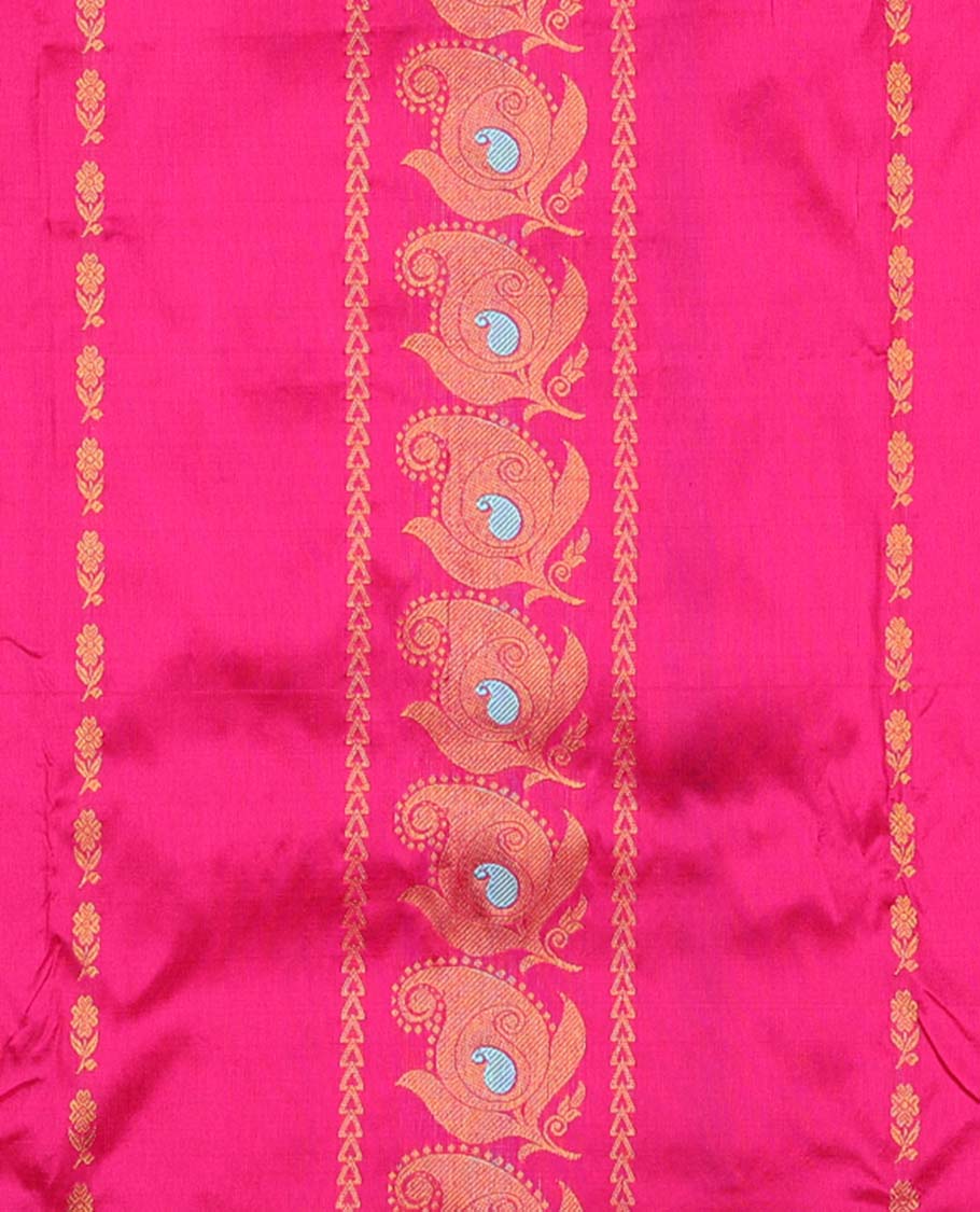 Pink zari designs pure-silk half saree, contrast zari design blouse, traditional zari design border & intricate dhavani