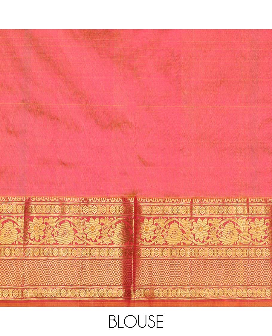 Pink zari designs pure-silk half saree, contrast zari design blouse, traditional zari design border & intricate dhavani