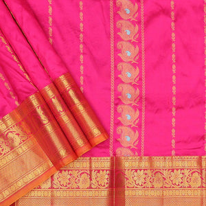 Pink zari designs pure-silk half saree, contrast zari design blouse, traditional zari design border & intricate dhavani