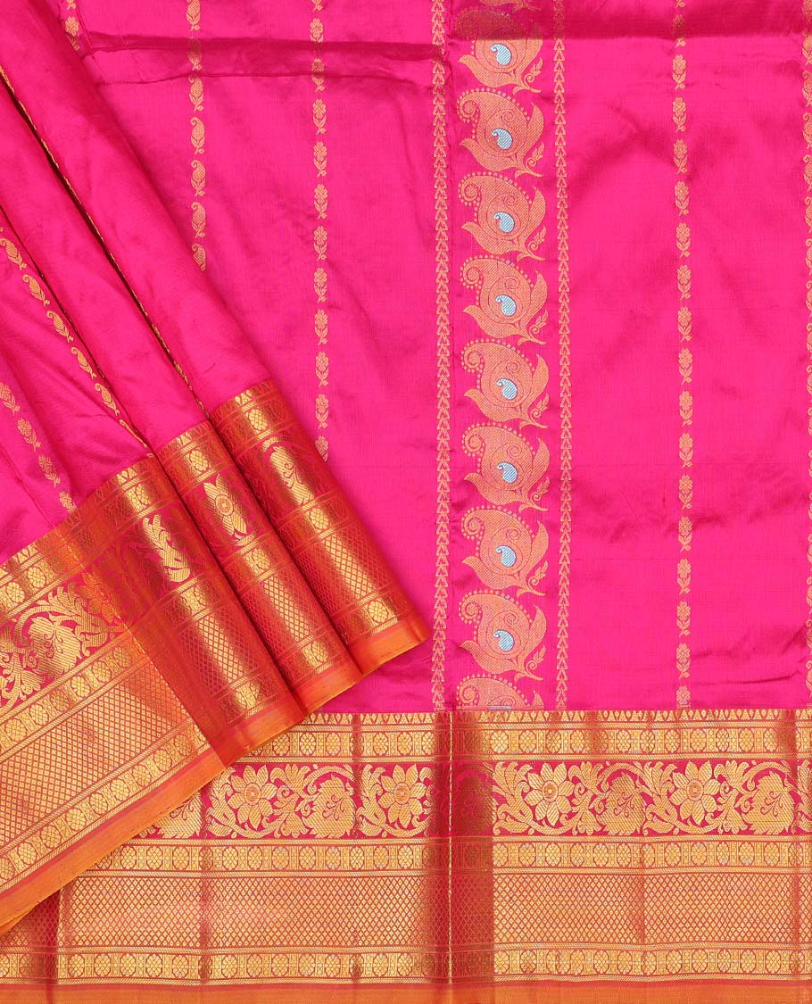 Pink zari designs pure-silk half saree, contrast zari design blouse, traditional zari design border & intricate dhavani