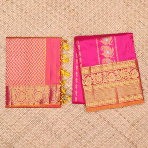 Pink zari designs pure-silk half saree, contrast zari design blouse, traditional zari design border & intricate dhavani