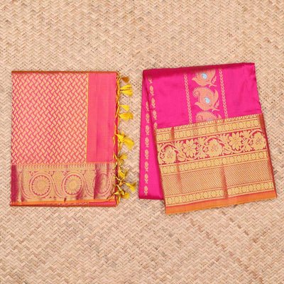 Pink zari designs pure-silk half saree, contrast zari design blouse, traditional zari design border & intricate dhavani