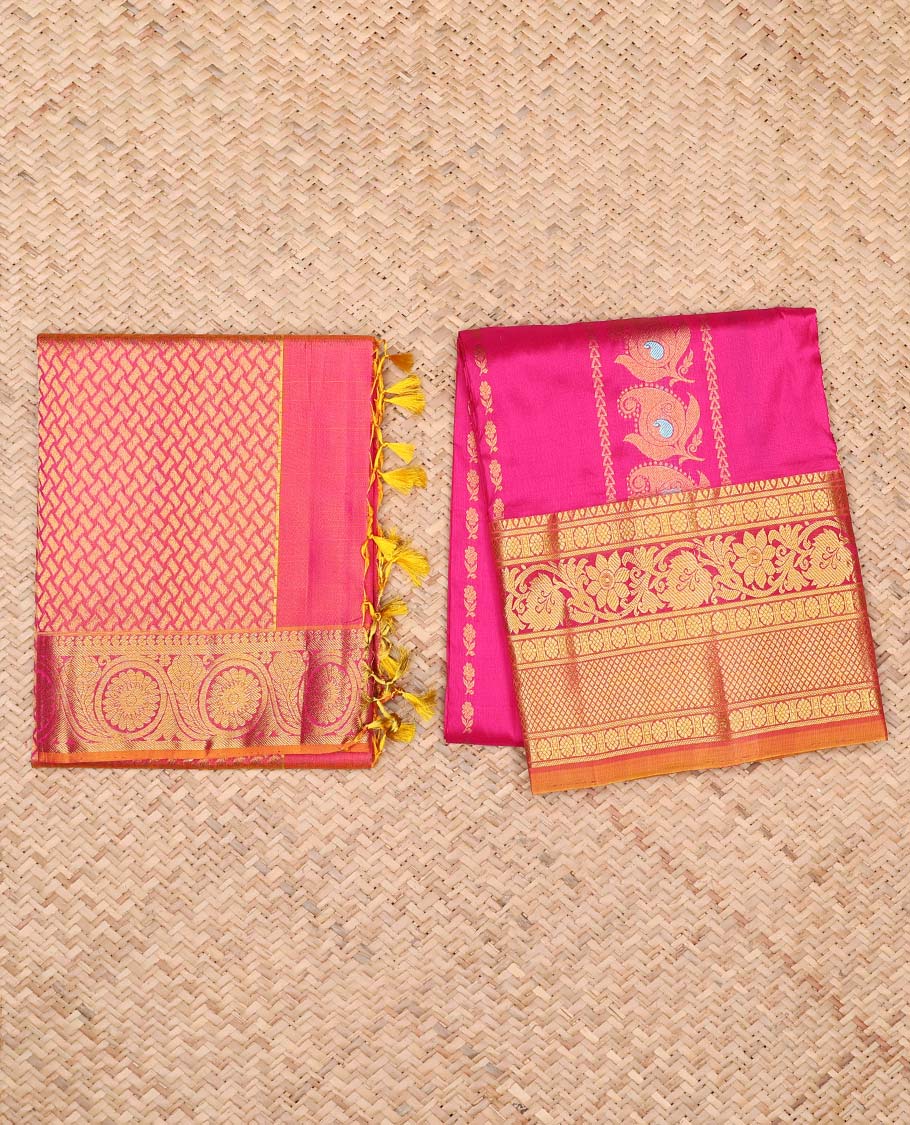 Pink zari designs pure-silk half saree, contrast zari design blouse, traditional zari design border & intricate dhavani