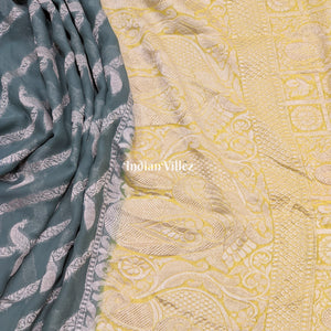 Darkslate Gray Lemon Yellow Banarasi Khaddi Georgette Saree