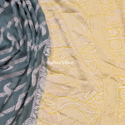 Darkslate Gray Lemon Yellow Banarasi Khaddi Georgette Saree