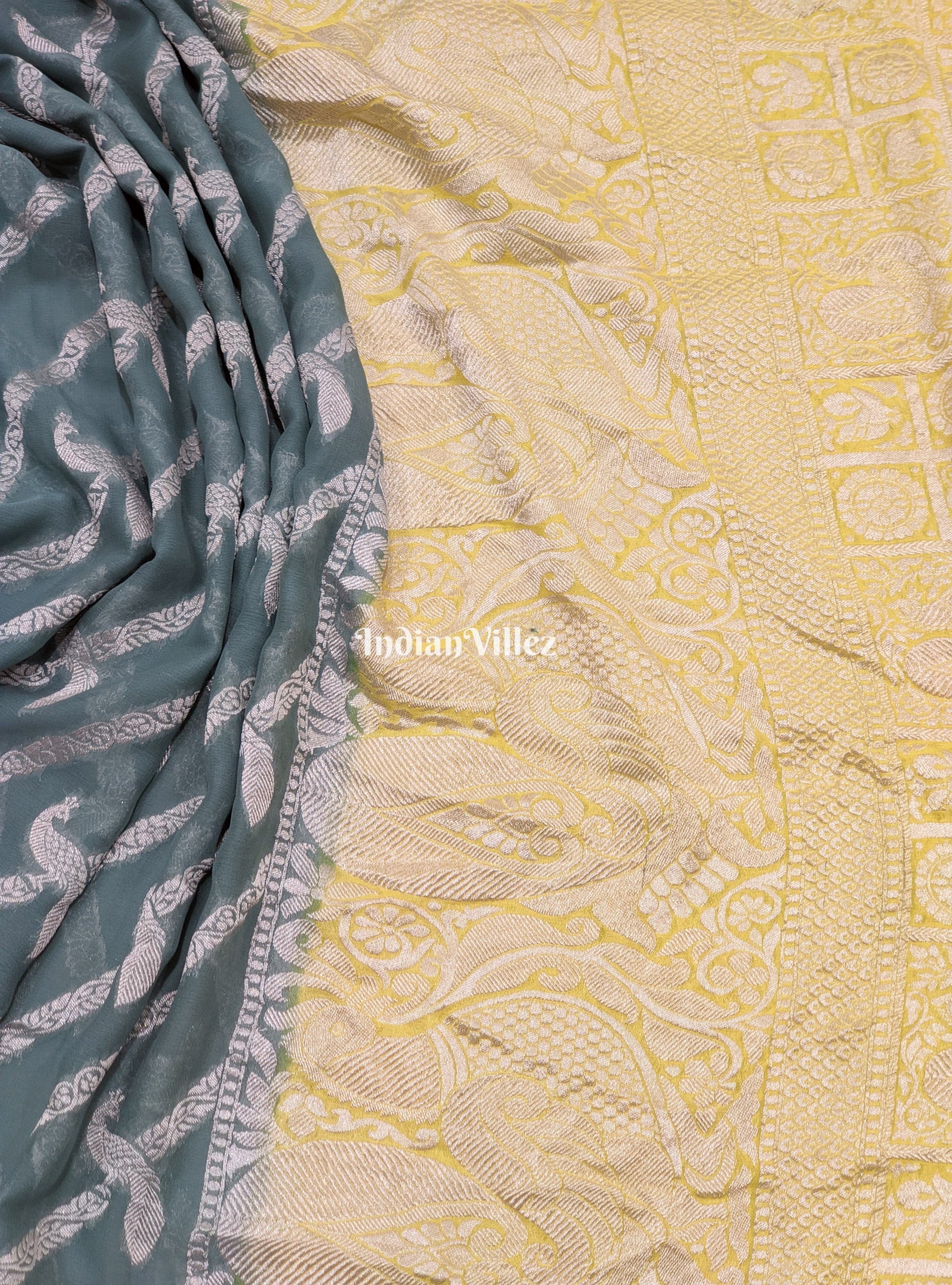 Darkslate Gray Lemon Yellow Banarasi Khaddi Georgette Saree