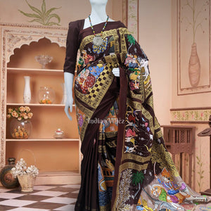Coffee & Maroon Hindu Festival Hand-Painted Pattachitra Saree