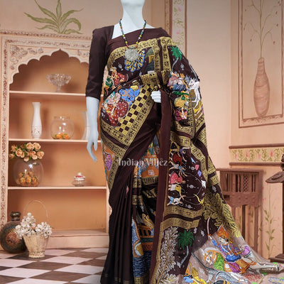 Coffee & Maroon Hindu Festival Hand-Painted Pattachitra Saree
