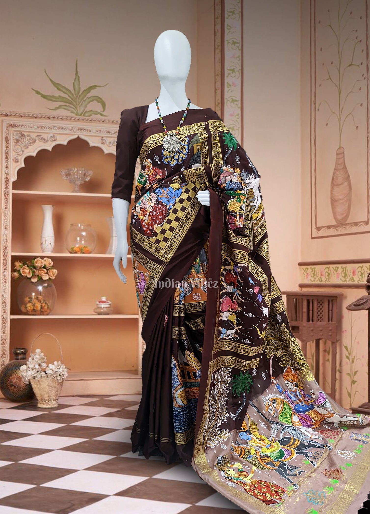 Coffee & Maroon Hindu Festival Hand-Painted Pattachitra Saree