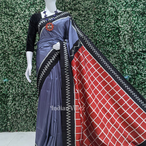 Ash Gray Contemporary Silk Saree with Red Checks Pallu