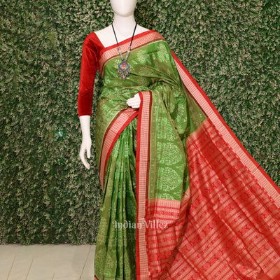 Parrot Green Red Dual Tone Elephant Pure Sambalpuri Bomkai Silk Saree