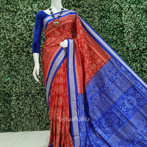 Red with Royal Blue Odisha Ikat Sambalpuri Silk Saree