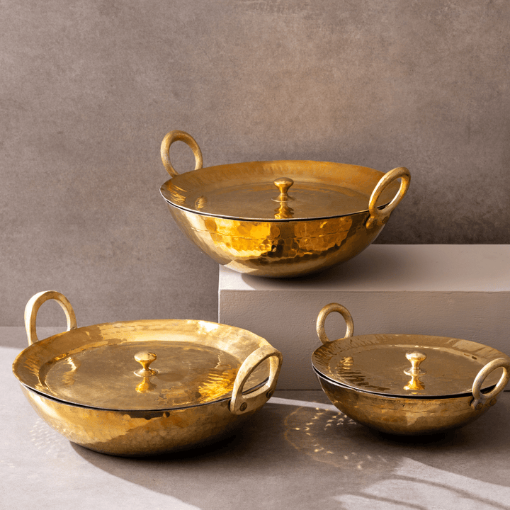 Set of 3 Brass Kadhais (1.5L round base, 3L round base, 3L flat base)