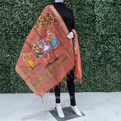 Coral Pink Rajo Theme Patachitra Chanderi Dupatta