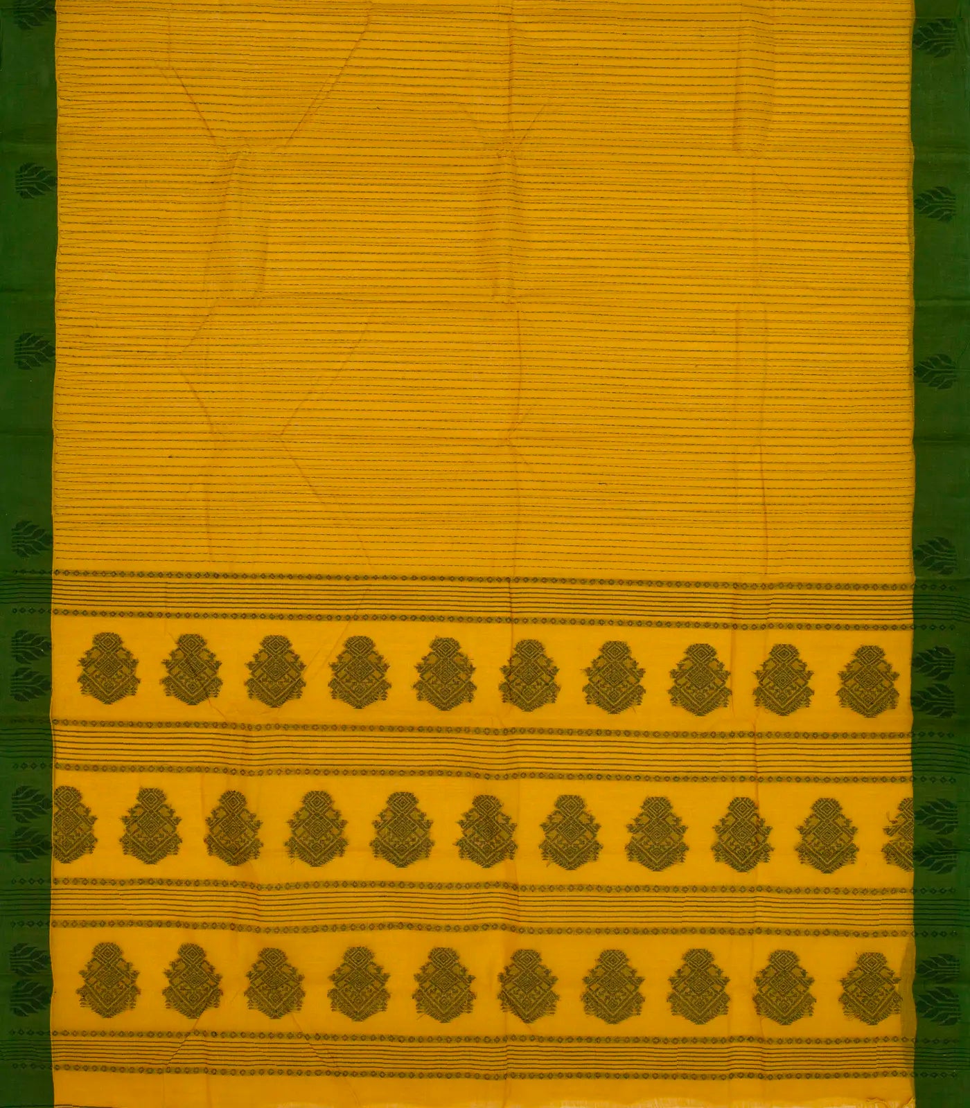 Mustard Bengal Cotton Saree With Dotted Stripes