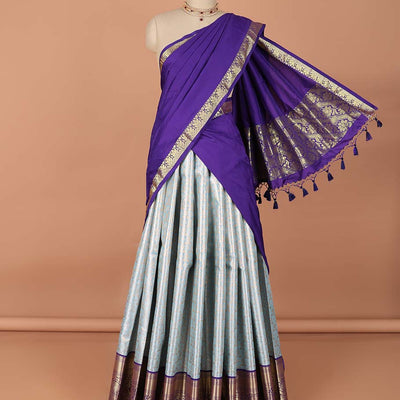 Blue floral jaal jacquard art-silk half saree, contrast traditional zari border,zari design blouse & intricate dhavani