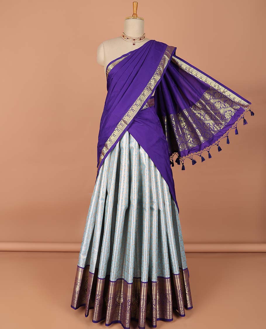 Blue floral jaal jacquard art-silk half saree, contrast traditional zari border,zari design blouse & intricate dhavani