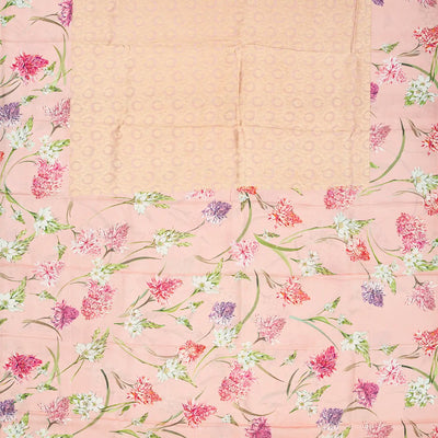 Light Peach Handloom Kanchipuram Silk Saree With Printed Border and Pallu