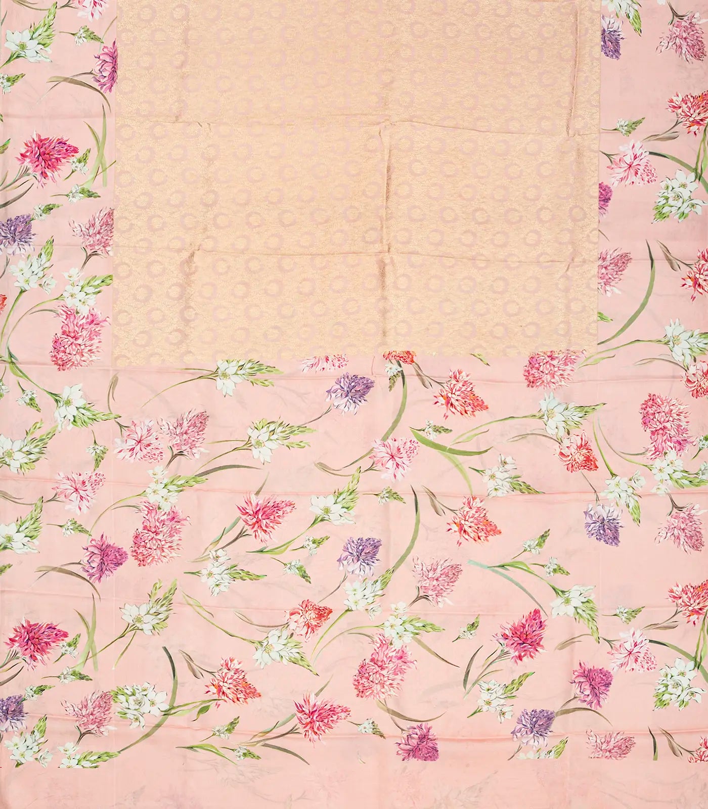 Light Peach Handloom Kanchipuram Silk Saree With Printed Border and Pallu