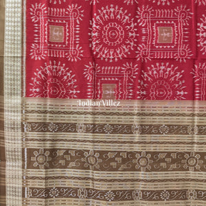 Maroon Tribal Pure Sambalpuri Bomkai Silk Saree