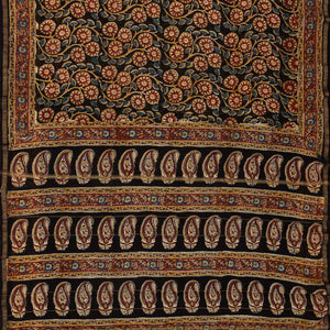 Black Handloom Chanderi Cotton Saree With Printed Floral Vine Motif