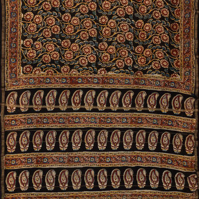 Black Handloom Chanderi Cotton Saree With Printed Floral Vine Motif