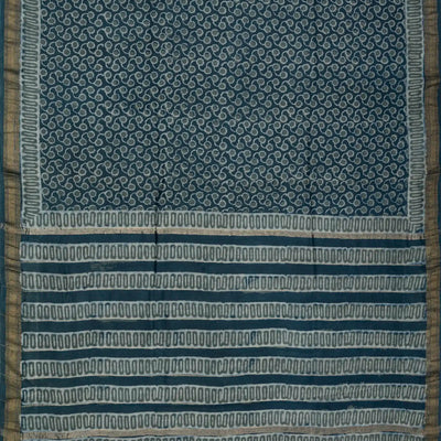 Navy Blue Woven Jaipur Cotton Saree With Printed Floral Motifs