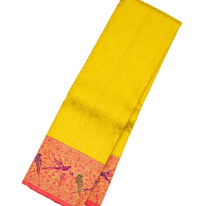 Lemon Yellow Handloom Kanchipuram Korvai Silk Saree With Meena Motifs