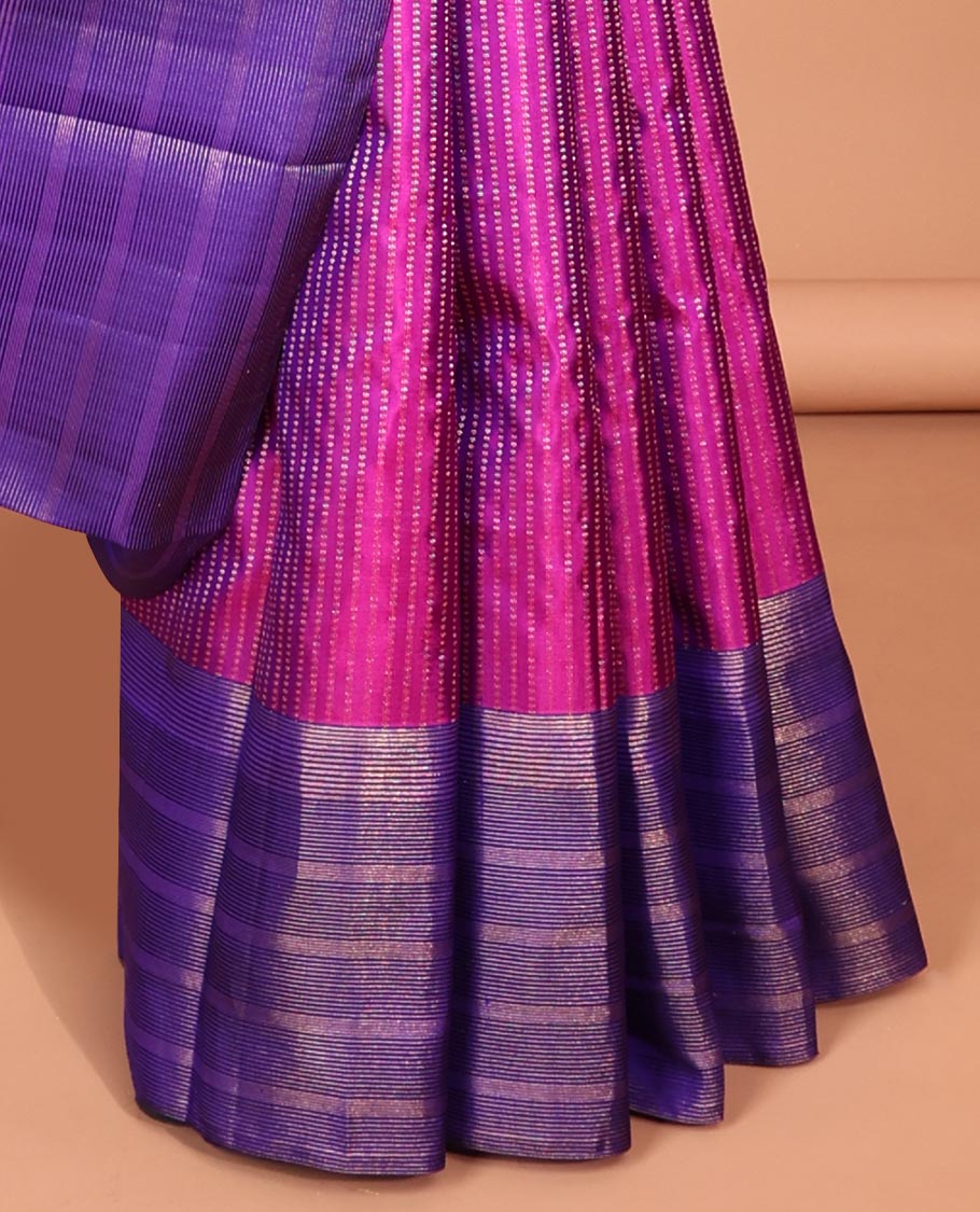 Pink Muthu striped silk saree, contrast striped zari border & zari-enriched striped pallu
