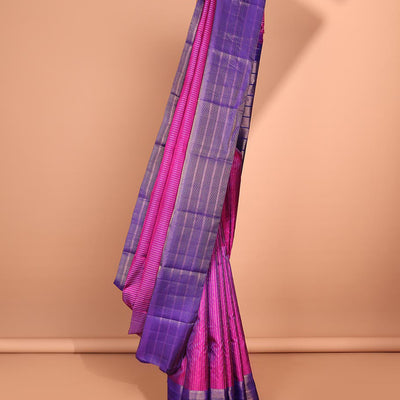 Pink Muthu striped silk saree, contrast striped zari border & zari-enriched striped pallu