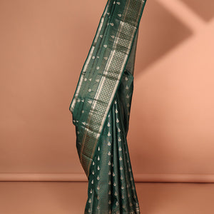 Green floral buttas silk saree with self traditional zari border & intricate zari design pallu