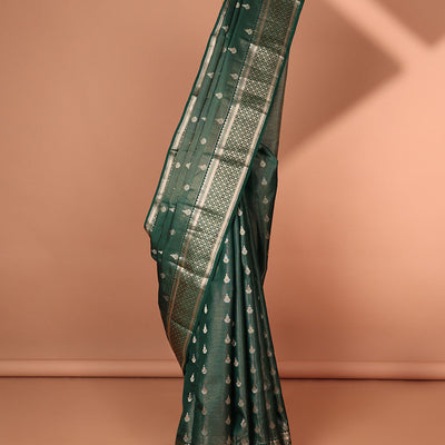 Green floral buttas silk saree with self traditional zari border & intricate zari design pallu