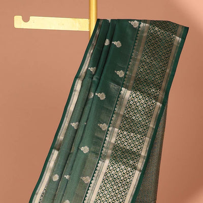 Green floral buttas silk saree with self traditional zari border & intricate zari design pallu