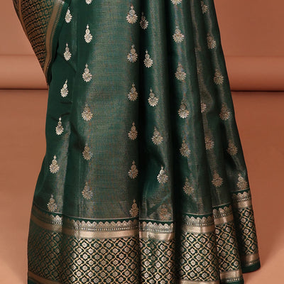 Green floral buttas silk saree with self traditional zari border & intricate zari design pallu