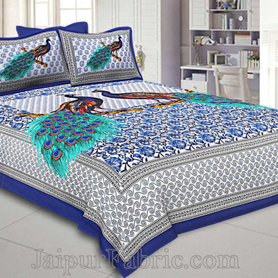 Blue Border Indigo Blue Two Large Peacock Pigment Print Cotton Double Bedsheet