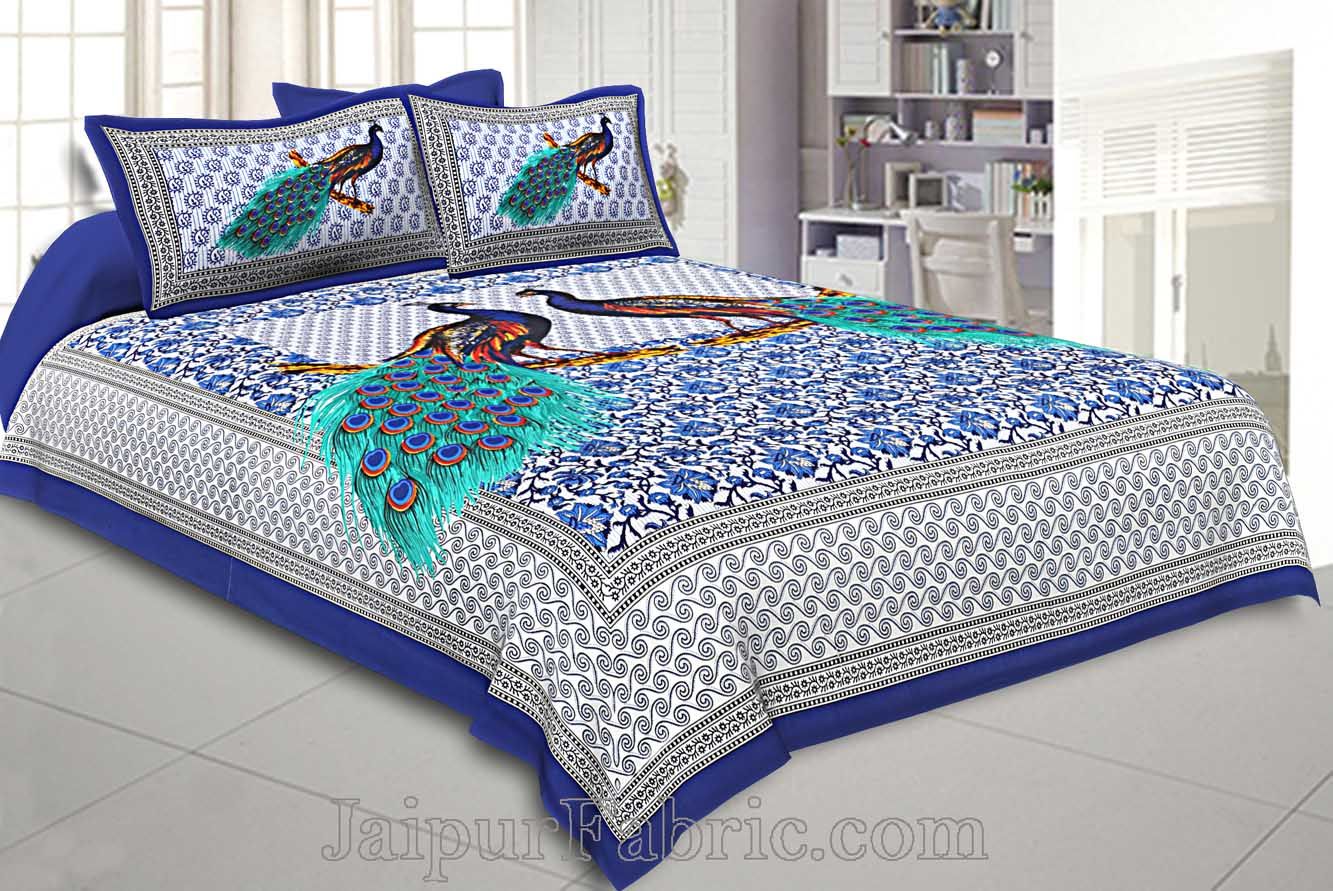 Blue Border Indigo Blue Two Large Peacock Pigment Print Cotton Double Bedsheet
