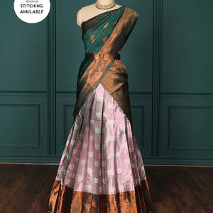 Pink zari design art silk half-saree, contrast traditional design border, jacquard blouse & intricate zari dhavani