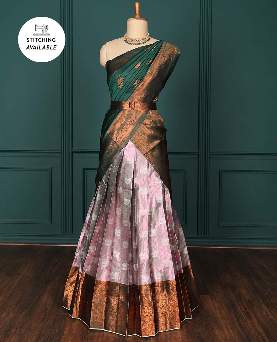 Pink zari design art silk half-saree, contrast traditional design border, jacquard blouse & intricate zari dhavani